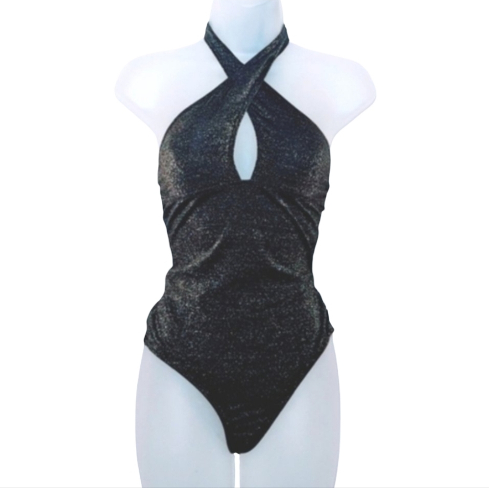 NWT | Jones New York | SMALL | Halter Neck Swimsuit | Gold Metallic Sparkles |